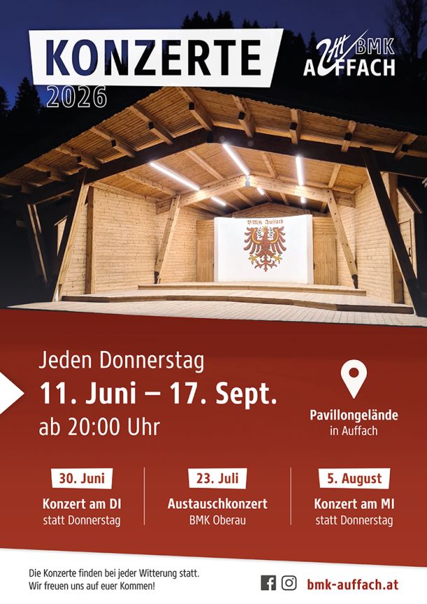 Plakat der BMK Auffach Platzkonzerte 2026